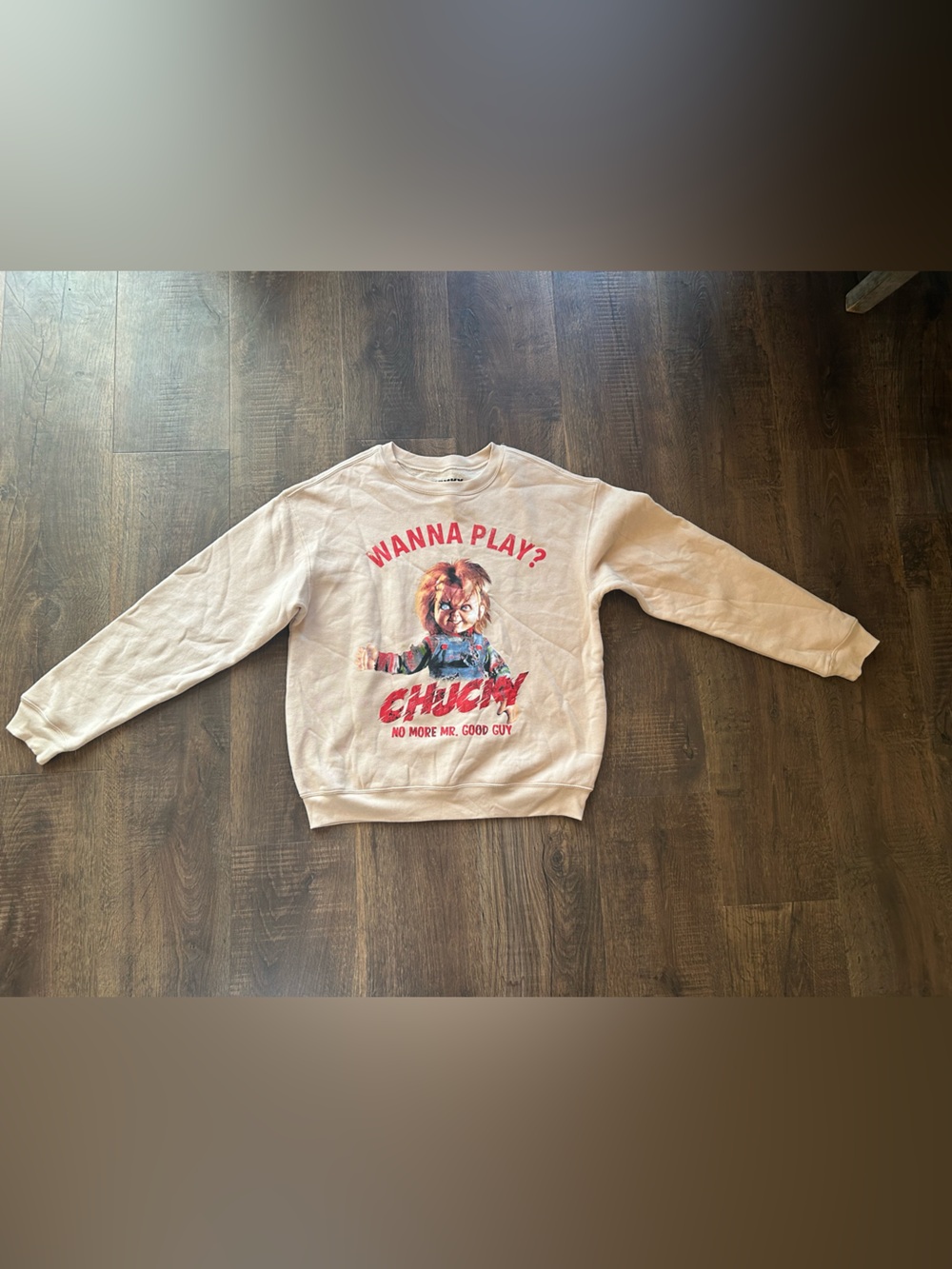 Woman’s size small Beige Graphic Sweatshirt - "Wanna Play?" Chucky Design